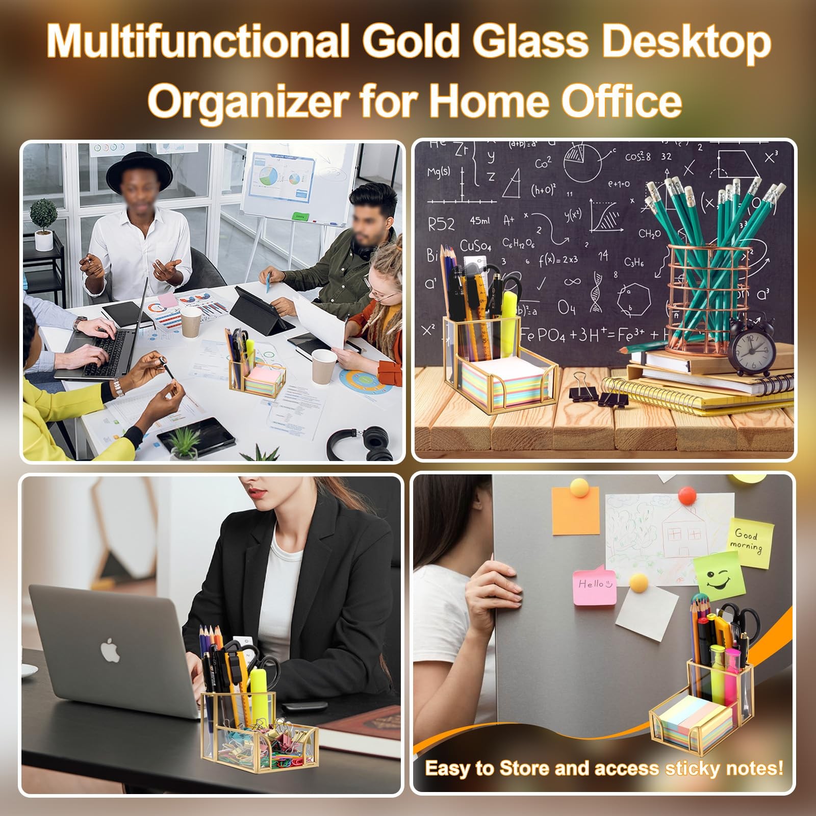 Sticky Note Holder,Glass Post It Note Dispenser with Pen Slot,Gold 3 x 3 Inch…