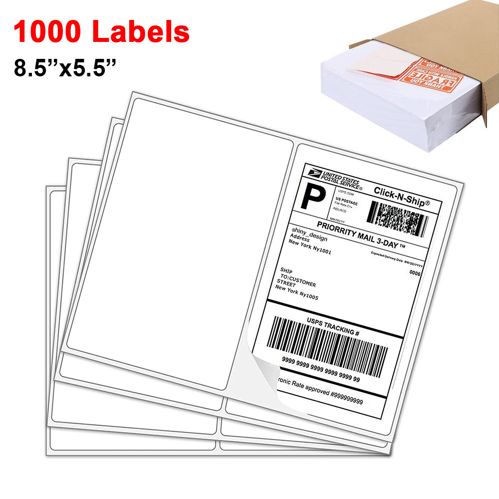 1000 Shipping Labels 8.5×5.5 Half Sheet Rounded Corner Self Adhesive 2 Per Sheet