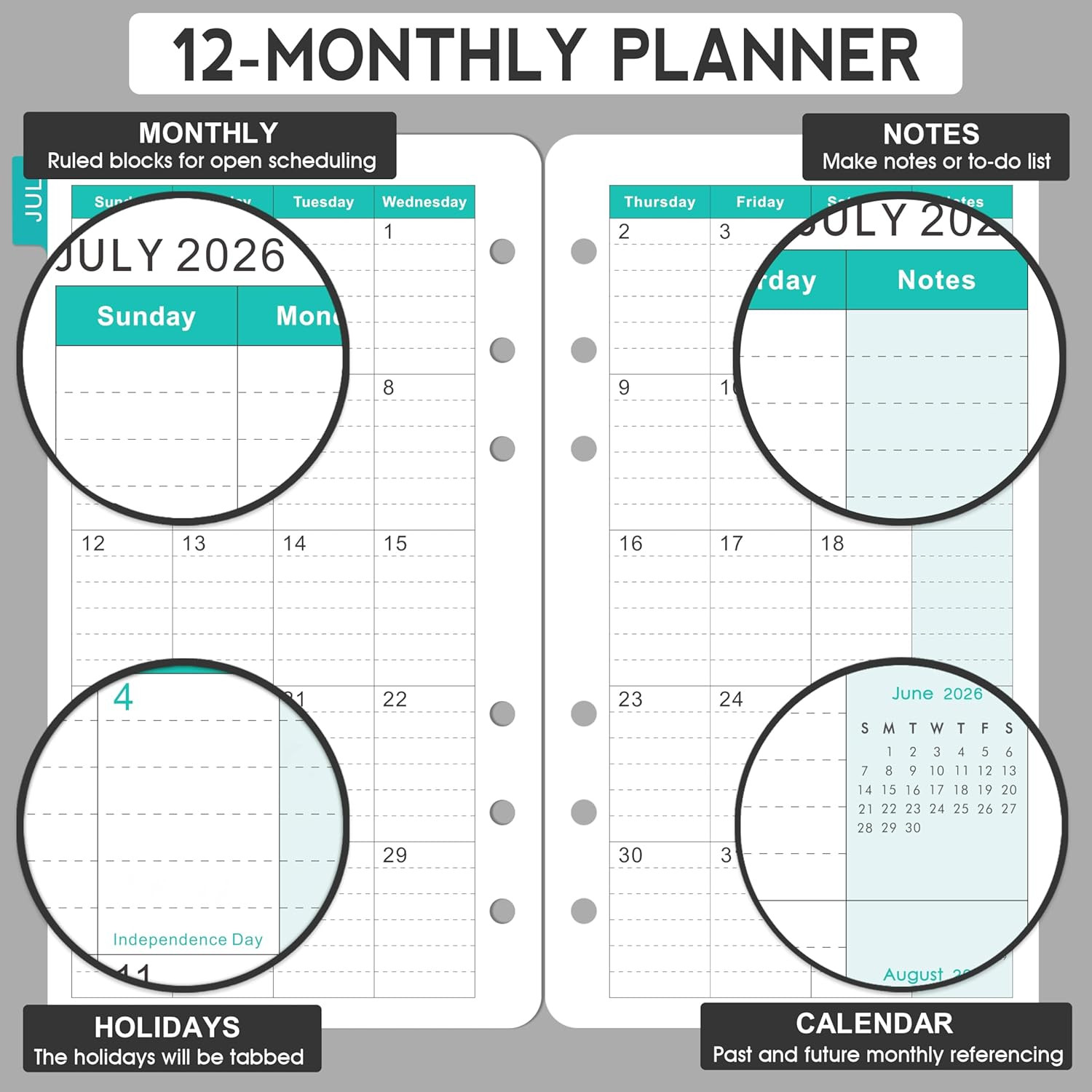 2026 A6 Calendar Refill Pages 3.75×6.75 Weekly Monthly Jan-Dec 6 Ring Red New US