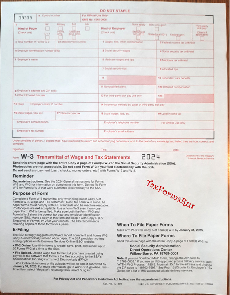 2024 IRS Tax Form W-3 Transmittal of Wage & Tax Statements (for W-2s to SSA)