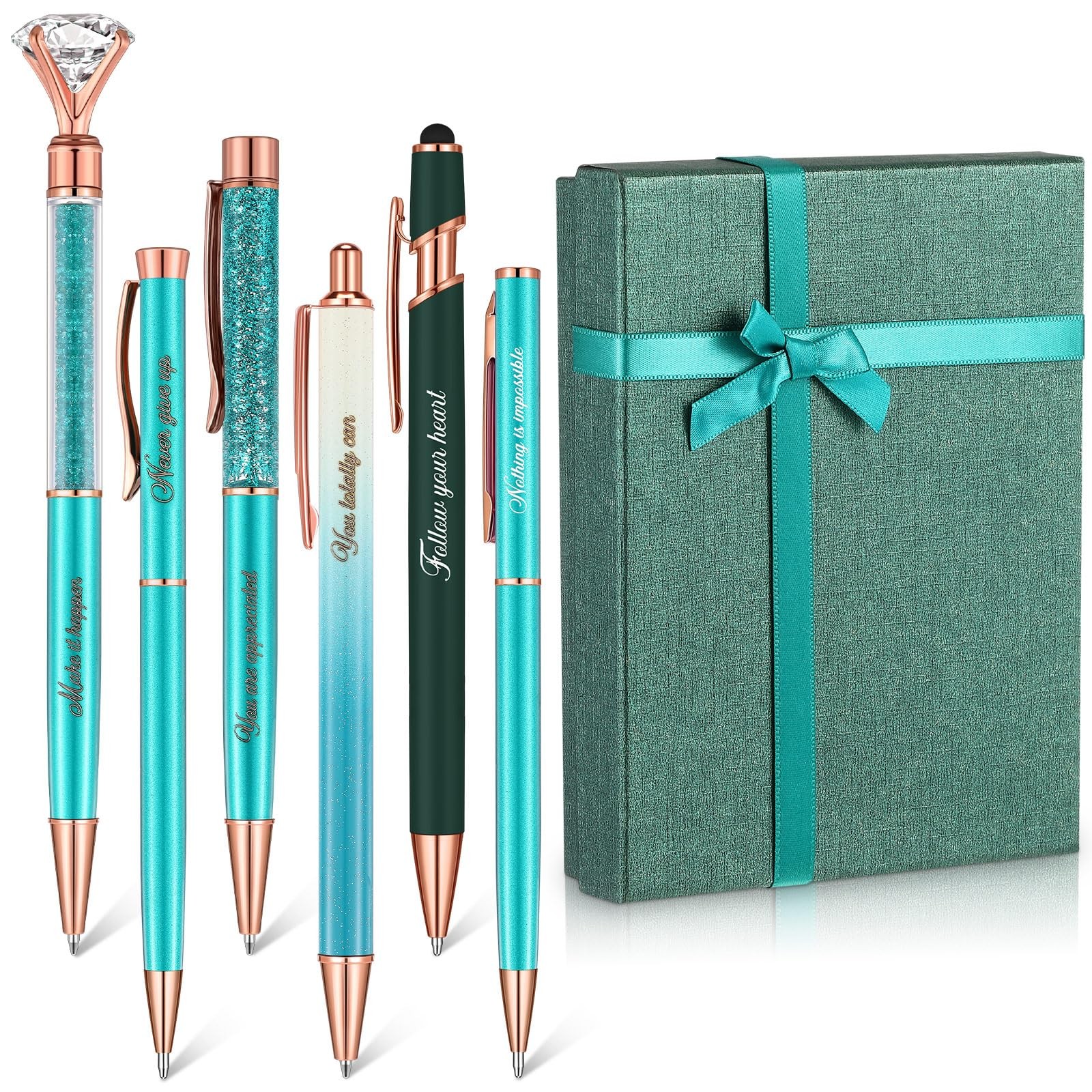 Yeaqee 6 Pcs Inspirational Pen Set for 1 Count (Pack of 8), peacock green