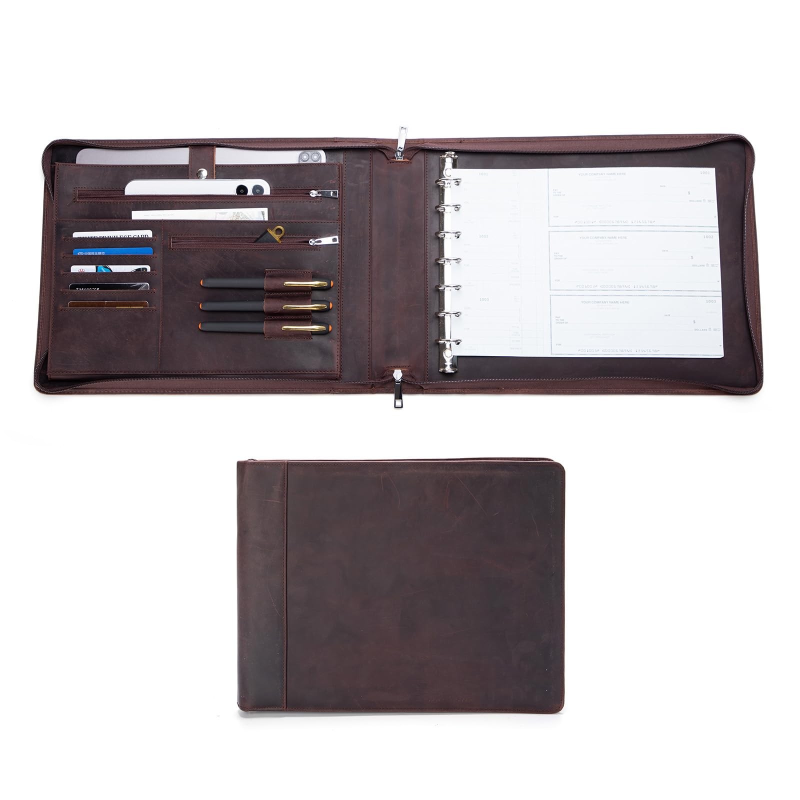 7 Ring Check Binder, Genuine Leather Business Checkbook Cover Holder, 3OnAPag…