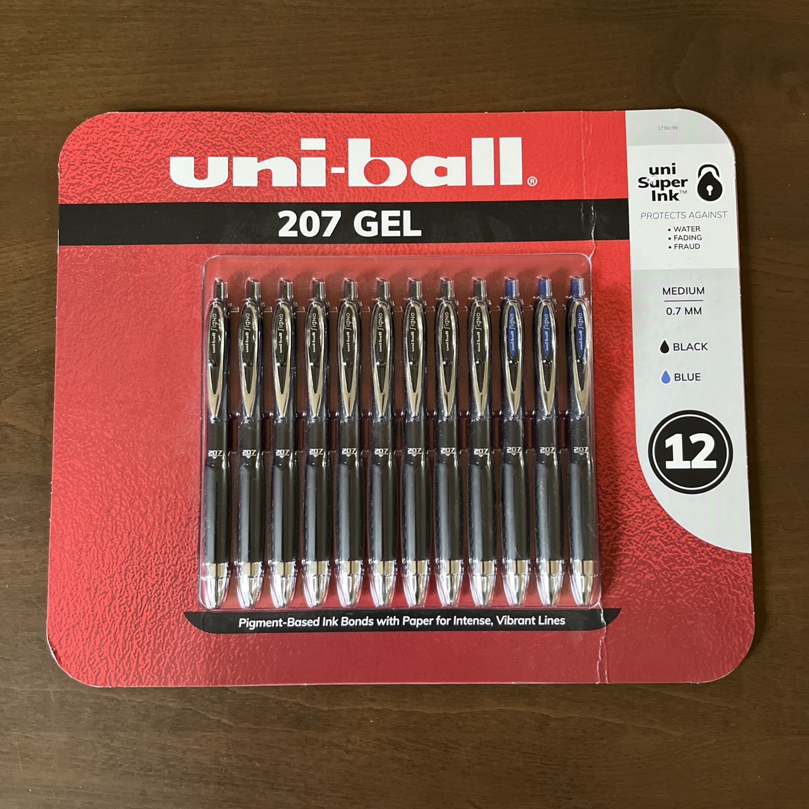 Uni-Ball 207 Gel Pens Retractable 0.7mm Medium-Tip Blue Black Ink, 12 Count
