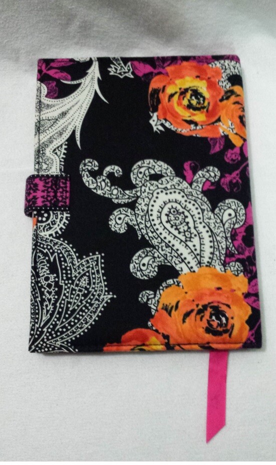 Fabric Cover Lined Journal Diary Notebk Orange Hot Pink Floral Paisley on Black 