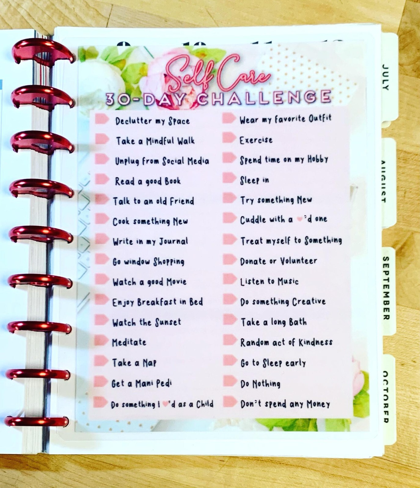 Self Care 30 Thirty Day Challenge Dashboard Insert 4 use with HAPPY Planner