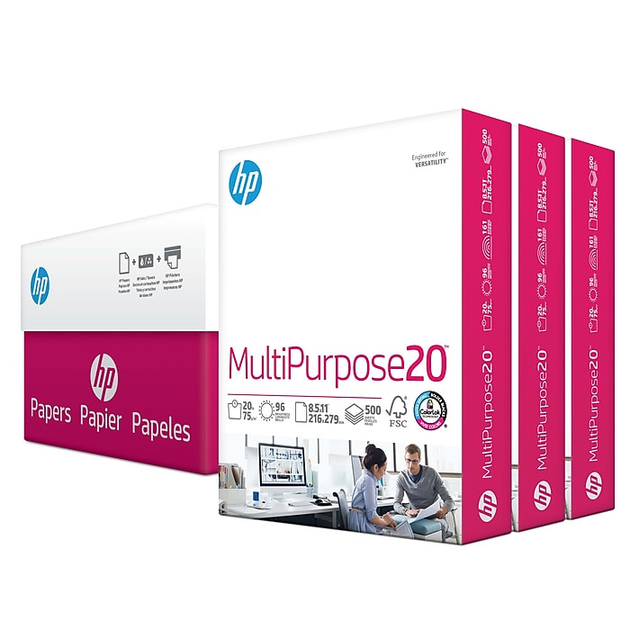 HP Multipurpose Copy Paper 8.5×11 20lb 96 Bright White 1500 Sheets Carton