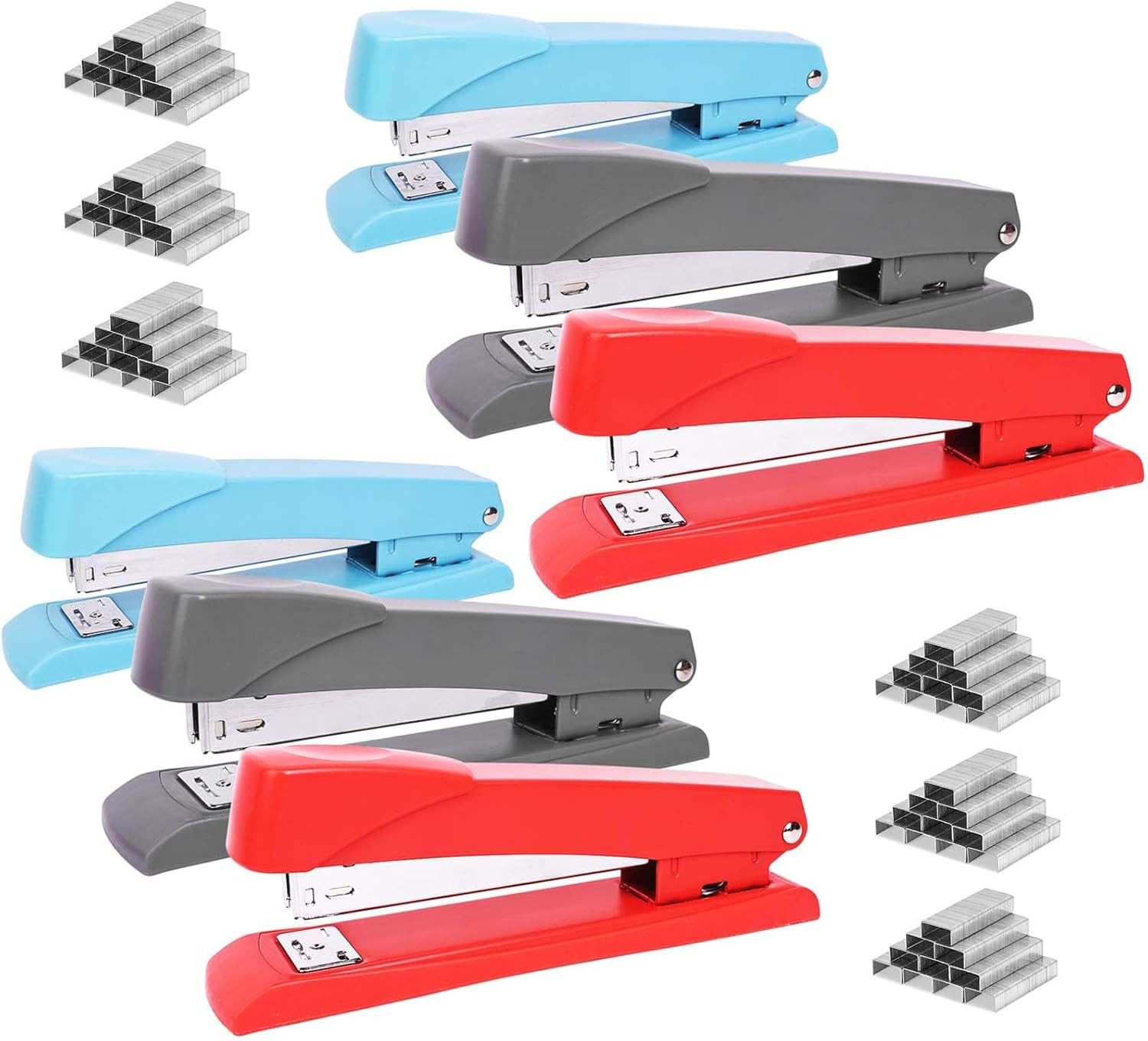 Clipco Stapler with 2000 Staples Full Desk Size Multi Color Red Gray Blue (Pack