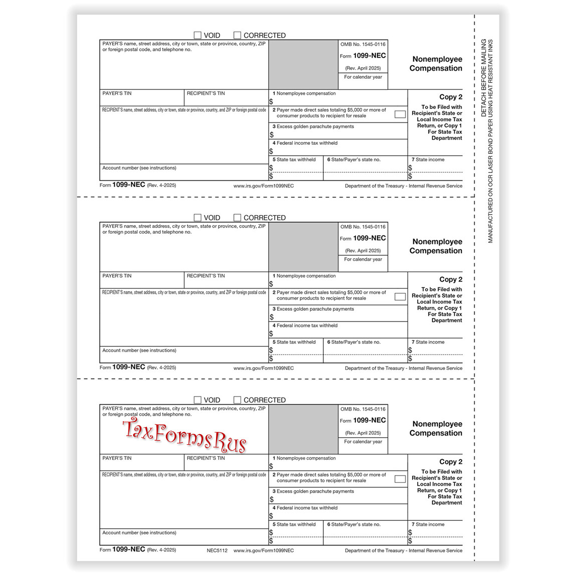 2025 IRS TAX FORMS KIT: 1099-NEC 12 recipients +envelopes +(2)1096 LASER 4pt 3UP