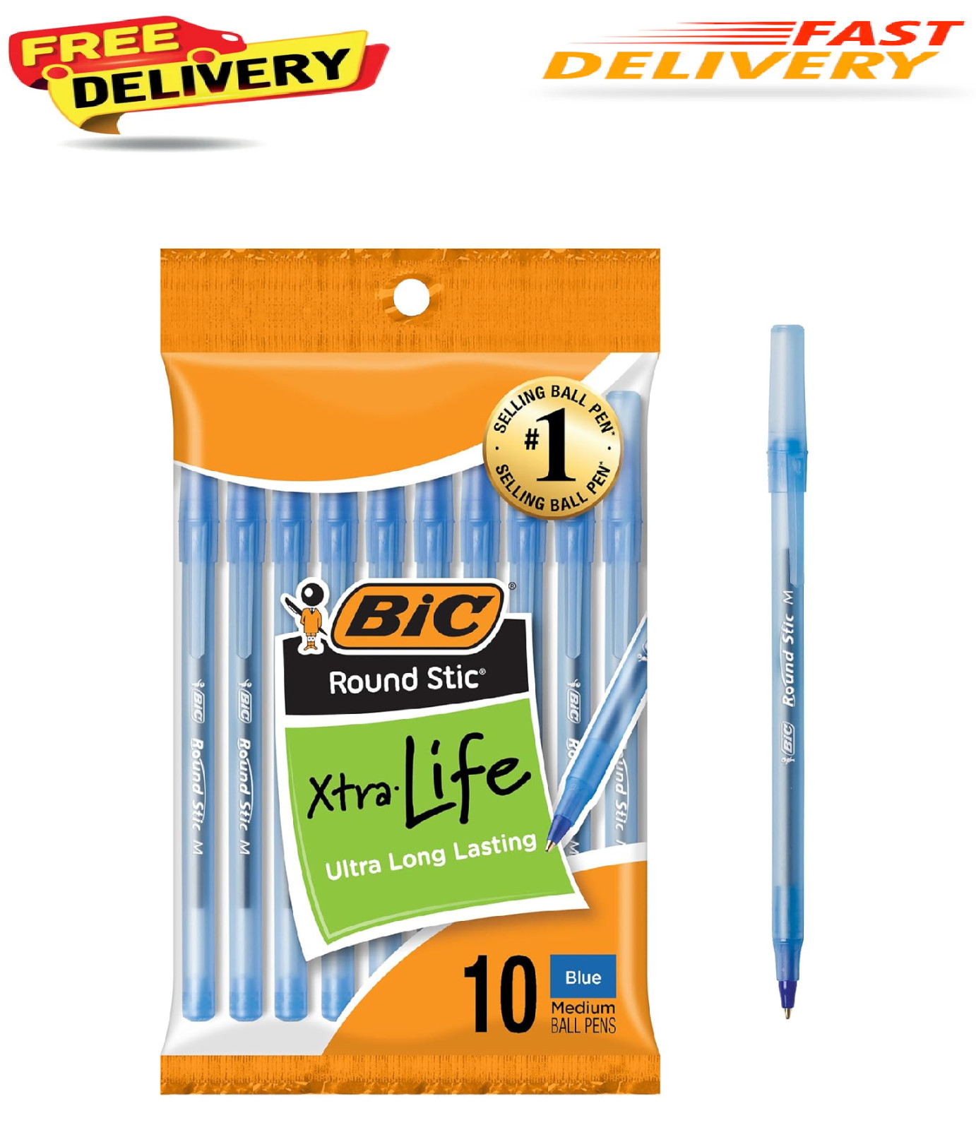 BIC Round Stic Xtra Life Blue Ballpoint Pens, Medium Point (1.0mm) 10-Count Pack