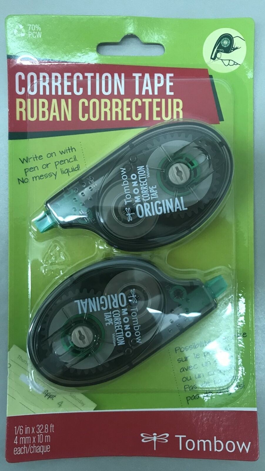 Qty of 6 (2 per pack) Tombow White Correction Tape 1/6in x 32.8ft