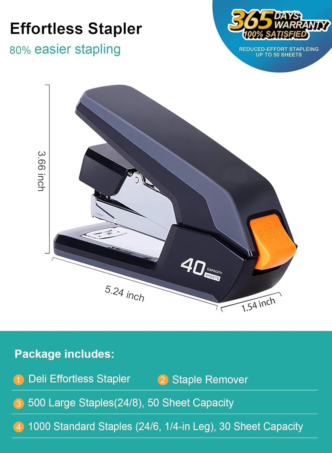 Effortless Desktop Stapler, 40 Sheet Capacity, One Finger Touch Stapling, Eas…