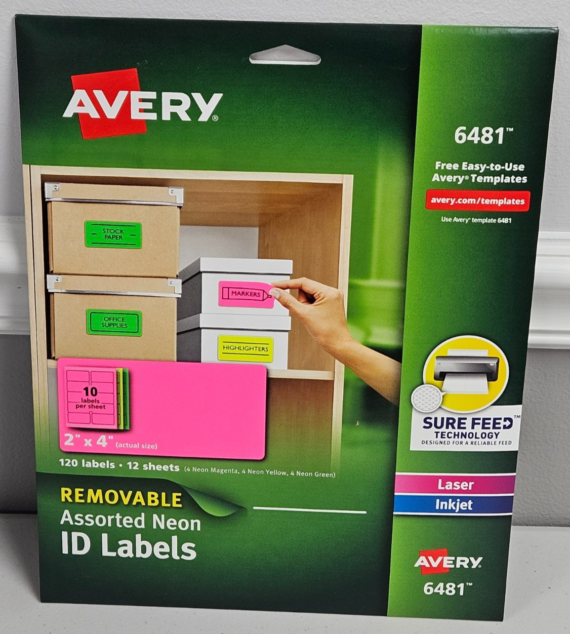Avery 6481 120 Removable Assorted Neon Color ID Labels for Laser Inkjet Printer