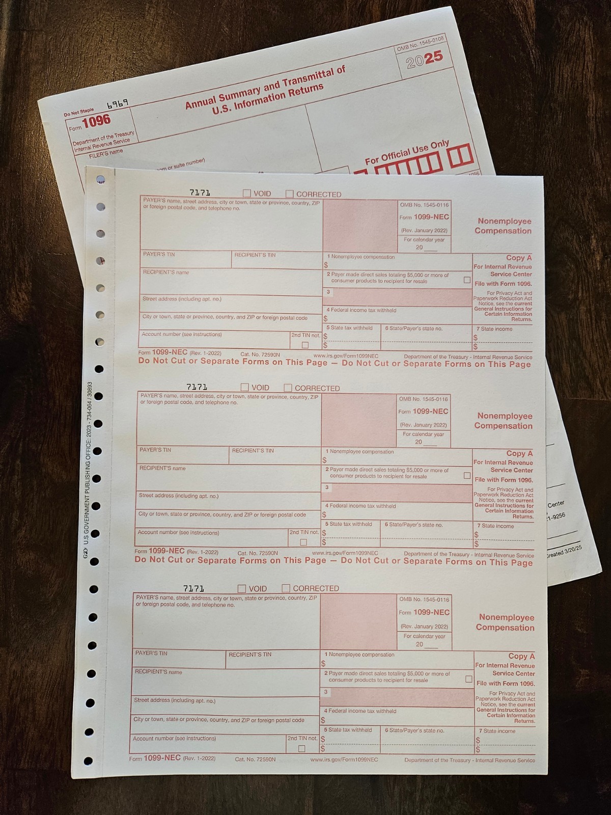 2025 IRS Tax Form Reporting Package-six 1099-NEC, 1 Form 1096 and six envelopes