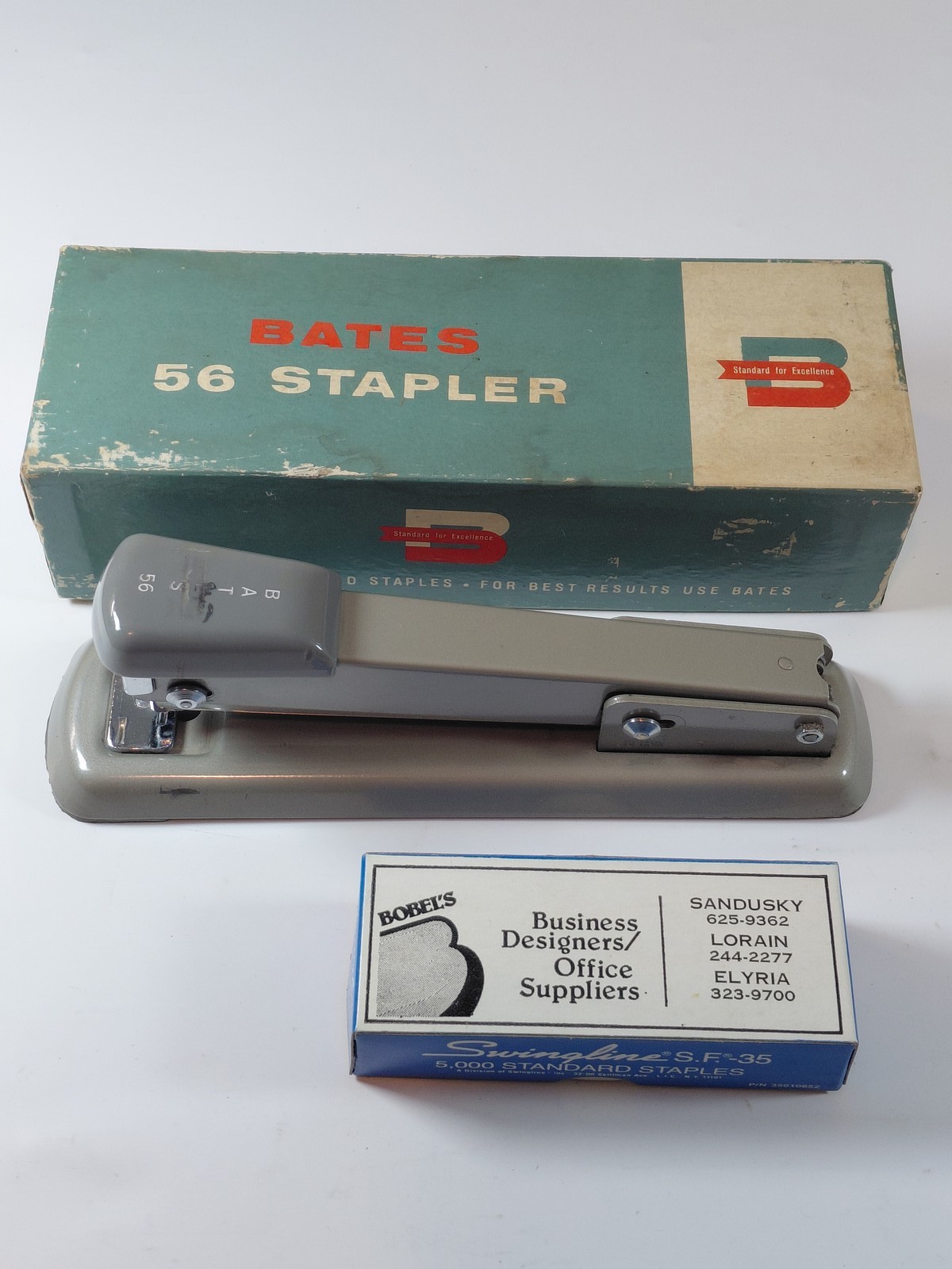 Vintage Bates 56 Desk Stapler Grey with Original Box & Swingline Staples USA