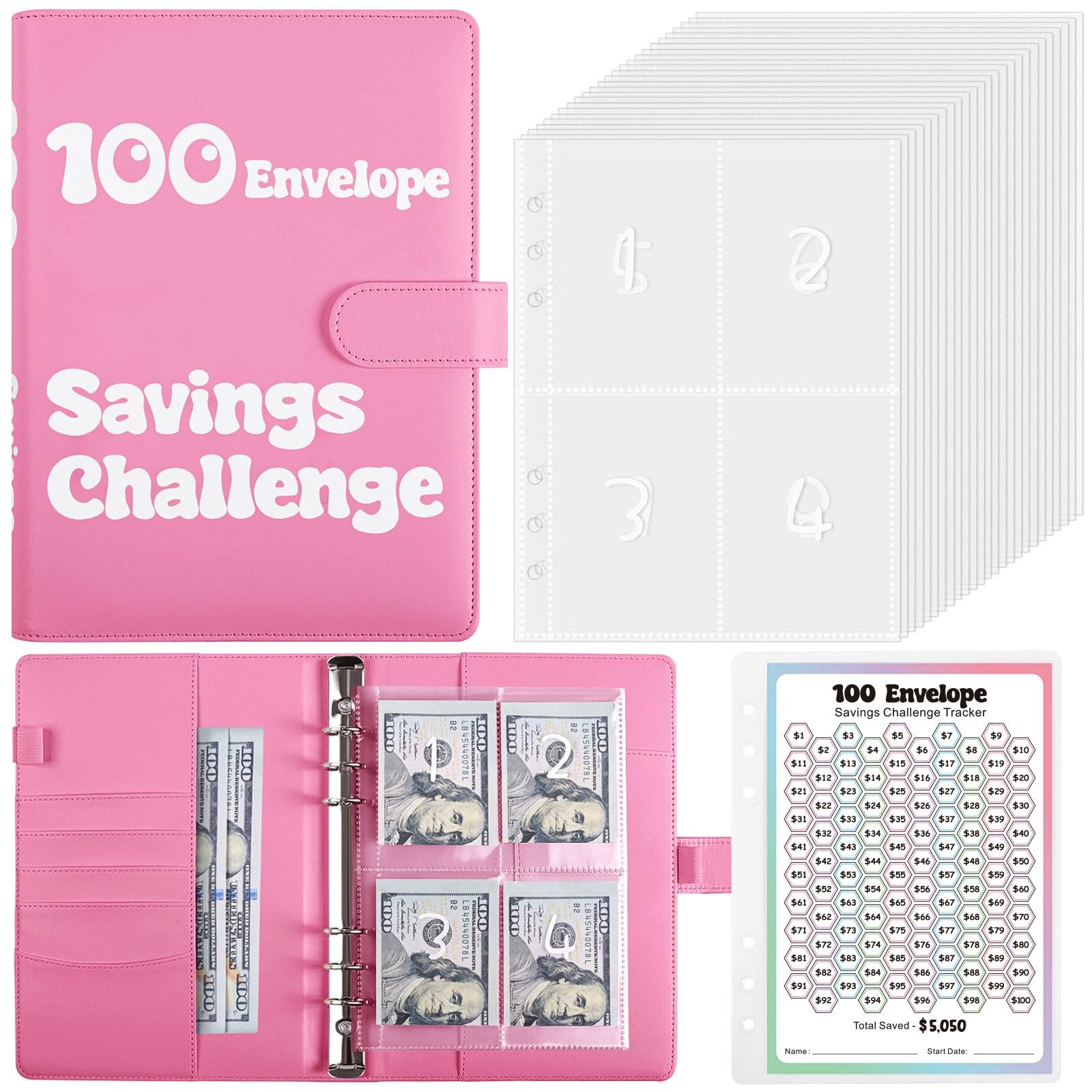 100 Envelopes Money Saving Challenge A5 Binder 25 Cash 3 Trackers Pink