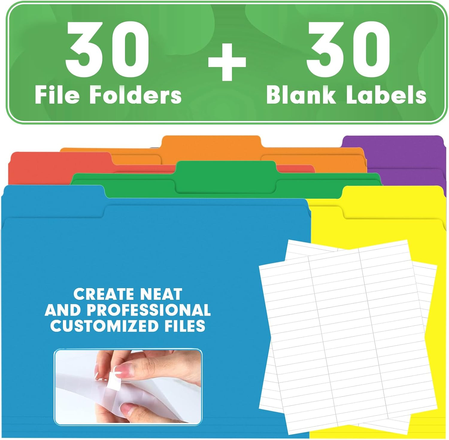 File Folder, 30 Pack 1/3 Cut Tab File Folders, Colored File Folders Designed fo