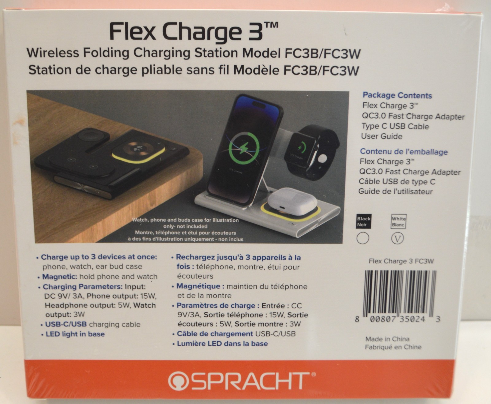 Spracht FC3W USB-C Flex Charge 3 – Charge Phone, Watch, & Earbuds at Once -White
