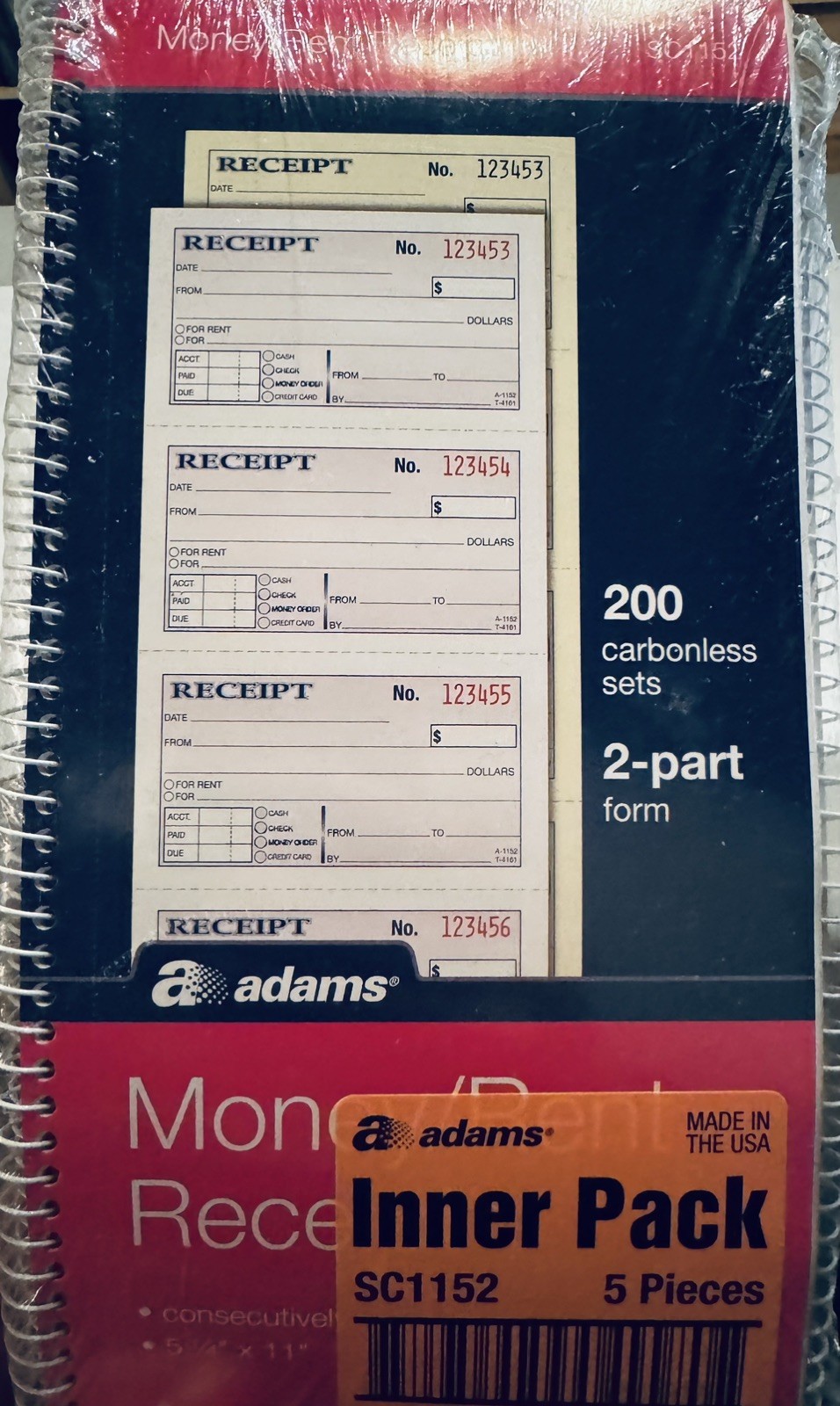 5 Pack Adams SC1182 Money/Rent Receipt Book 2-Part 200 Sets 7-5/8″ x 11″