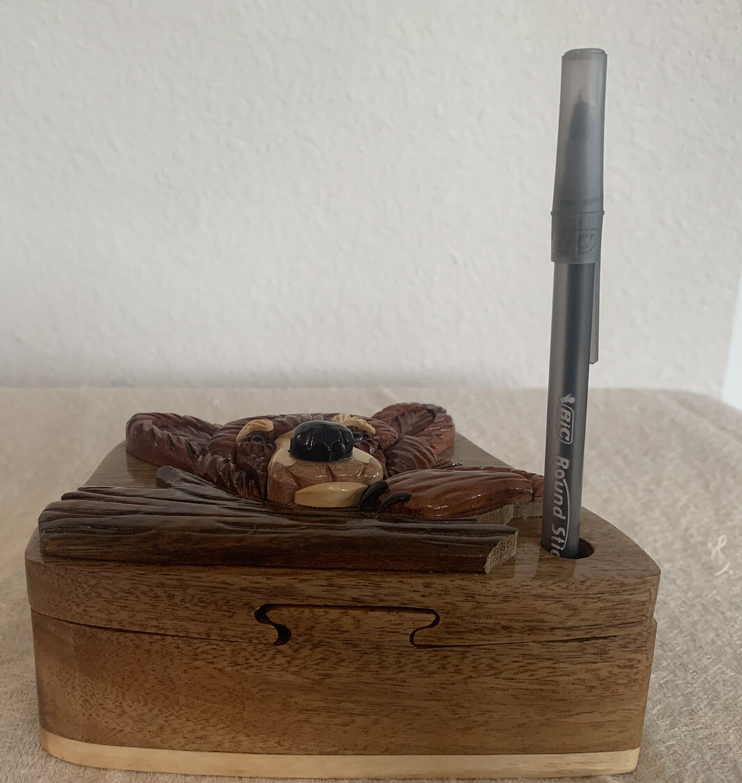 Unique Puzzle Box Handcrafted Bear Desk Organizer/Pen Sticky Note Holder-Vietnam