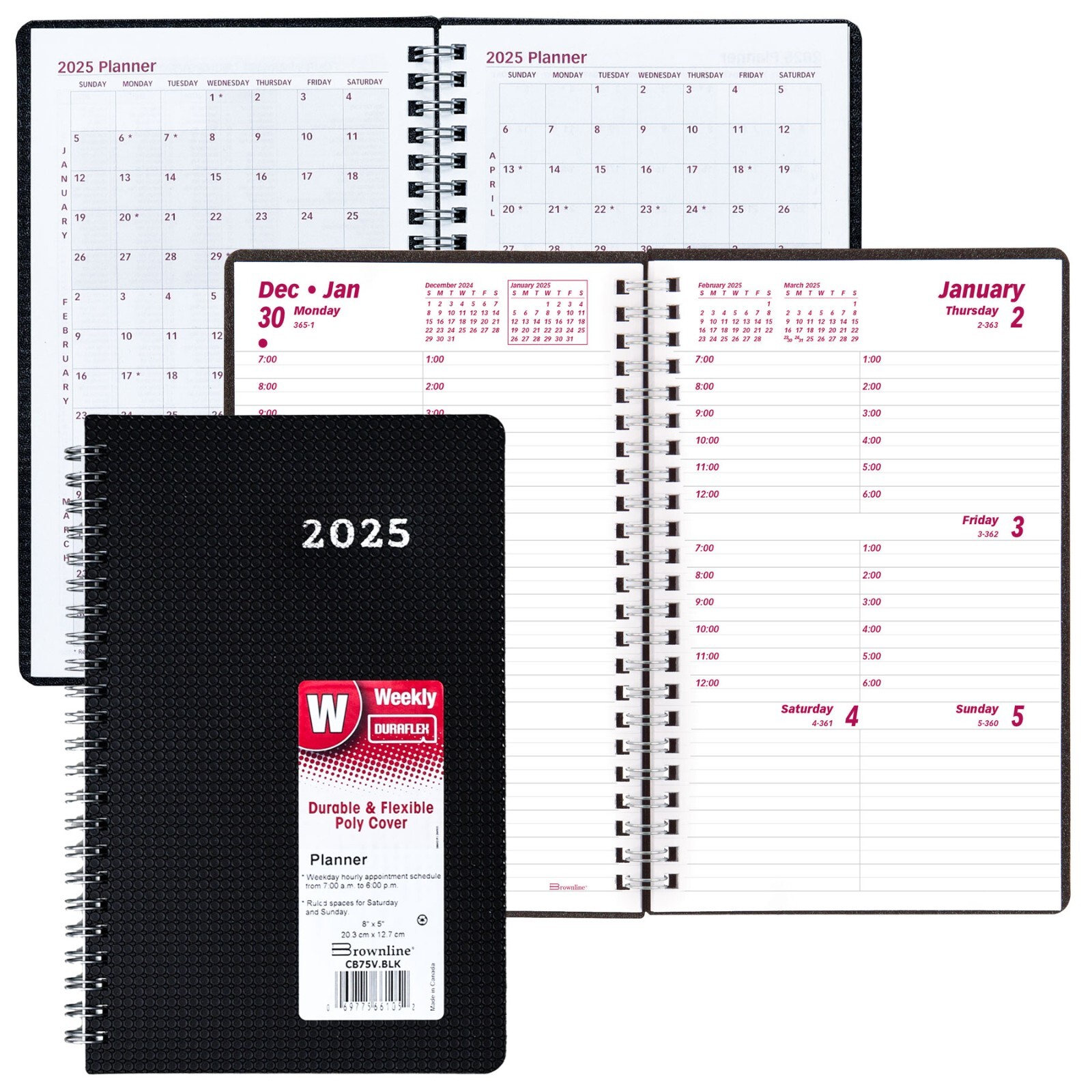 2025 Brownline CB75V.BLK Duraflex Weekly Planner, 8″ x 5″