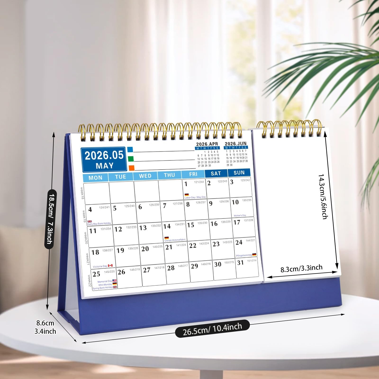 2026-2028 (3 Years) Desktop Calendar Small Flip 10.4″W x 7.3″H, Dark Blue