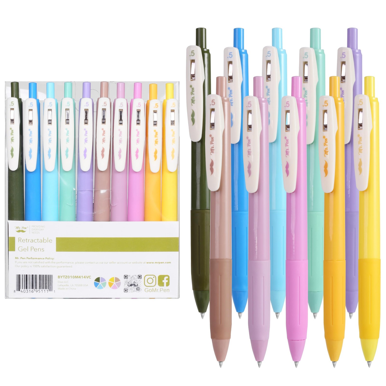 Mr. Pen- Retractable Gel Pens, 10 Pack, Light Vintage Ink Colors, Multicolor