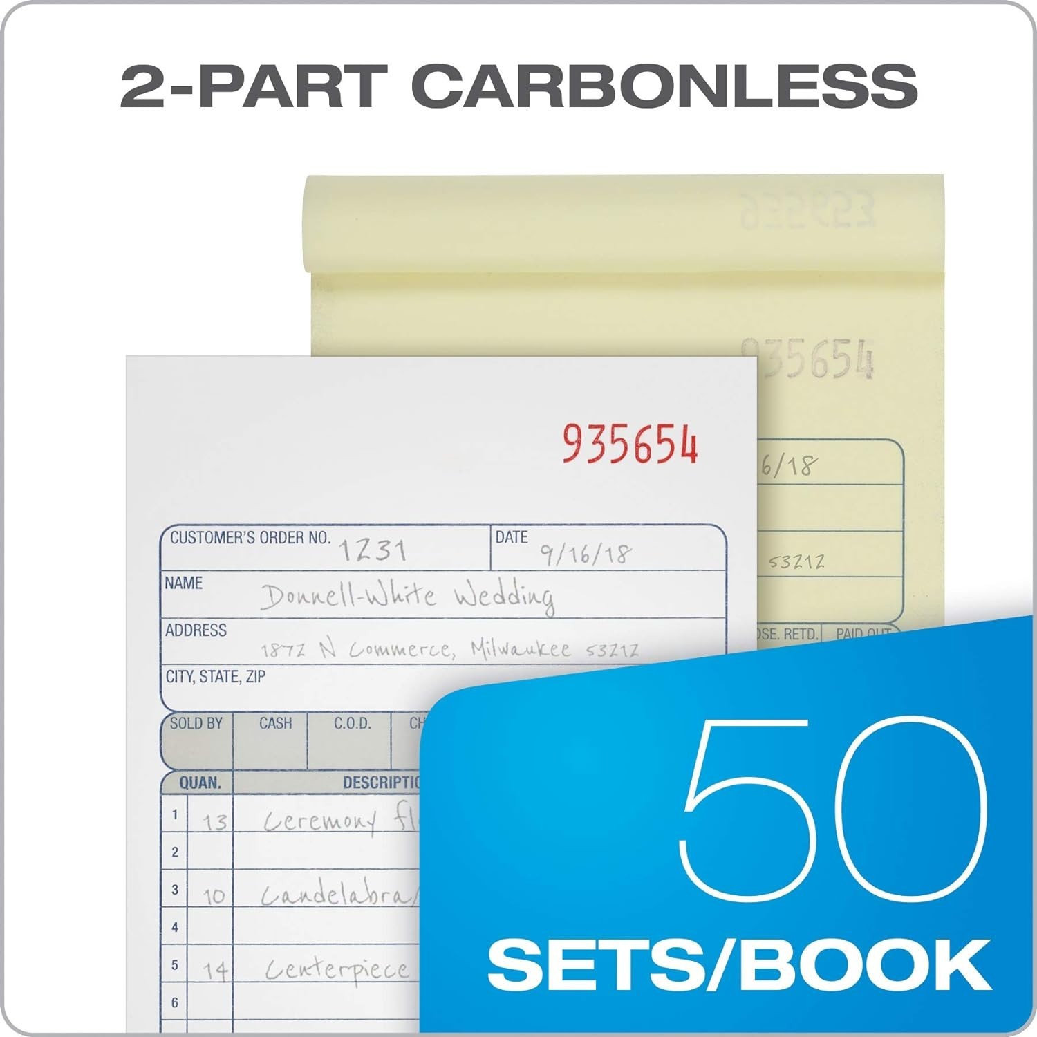 Adams DC4705 Sales Order Books, Carbonless, Wt/Canary, 4-3/16 X 7-3/16 , 50 2 PK