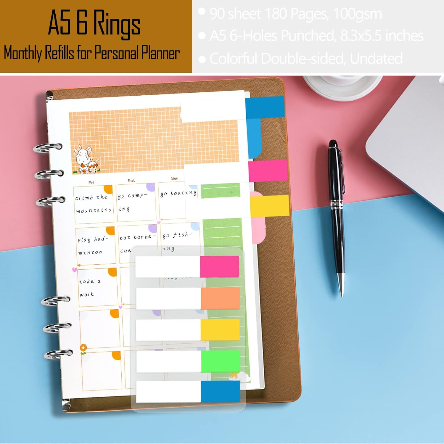 A5 Planner Inserts Monthly Planner Refills, 90 Pages Colorful 6-Ring Loose-leaf