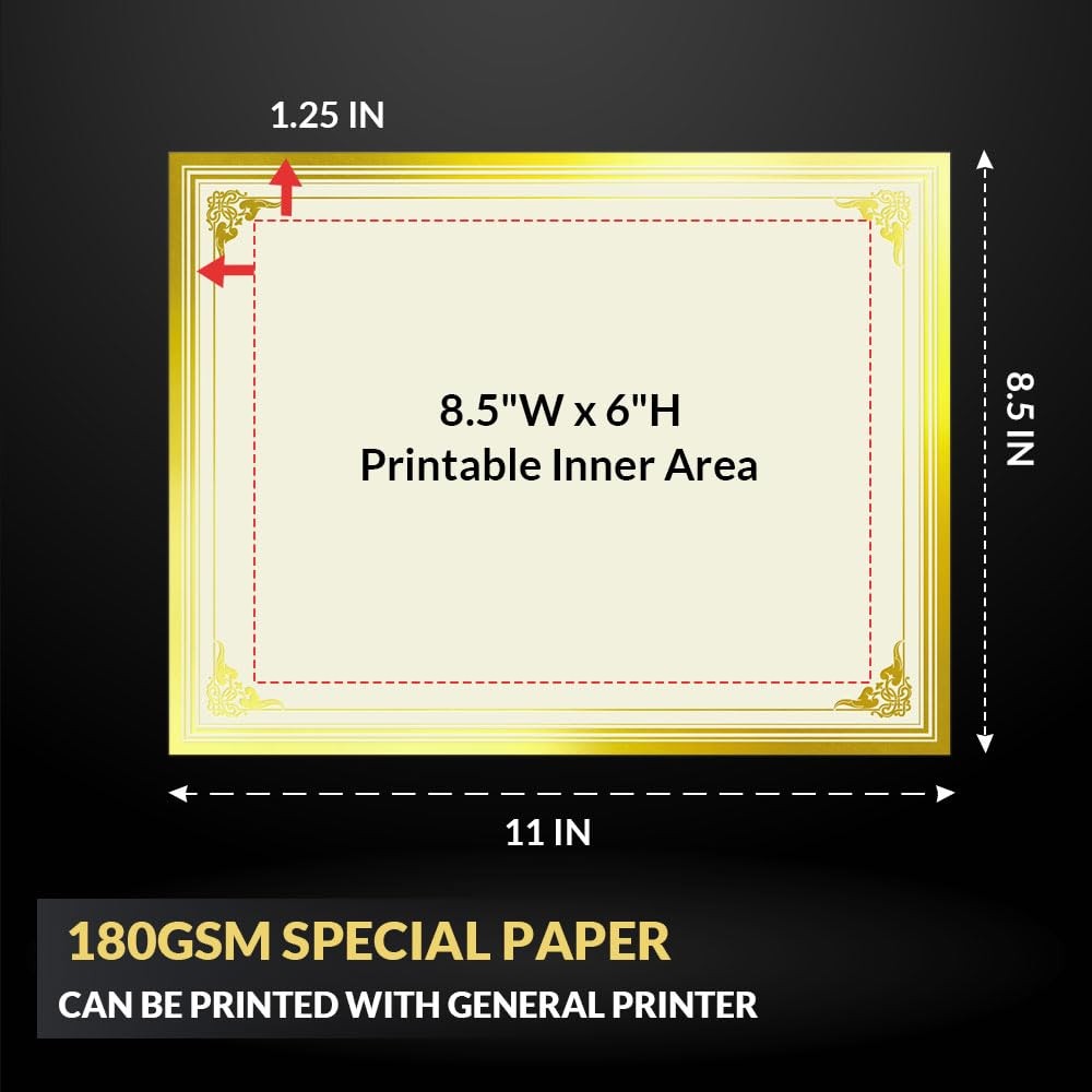 100 Sheets Certificate Papers – Blank Gold Foil Border Letter Size 8.5×11 for