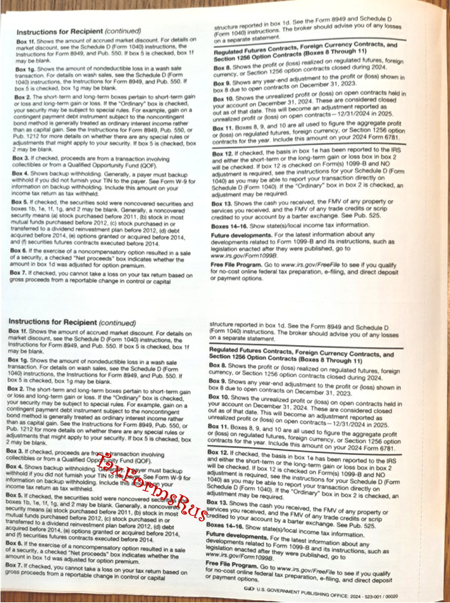 2024 IRS Tax Form 1099-B — NonCarbonless for 10 recipients + (2) 1096 — NO Env