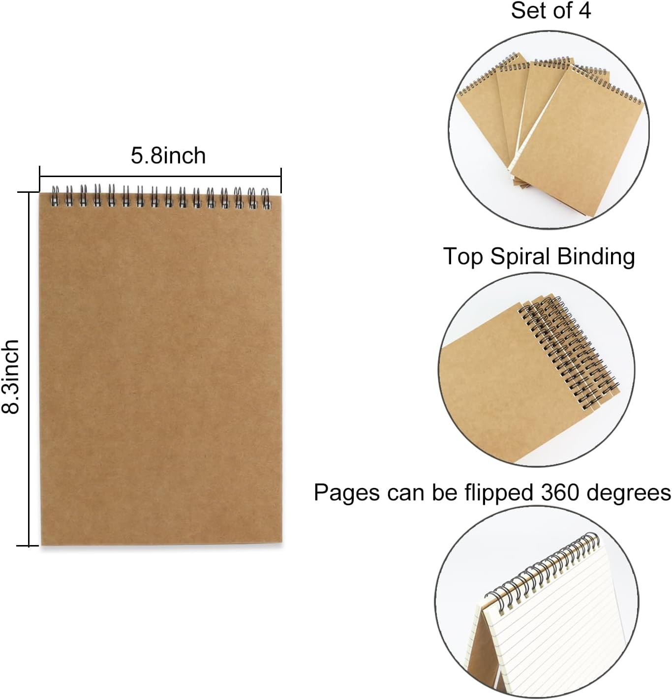 4 Pcs Top Bound Spiral Notebook,8.3 inch x 5.8 inch,60 Sheet,7mm Kraft (4pcs)