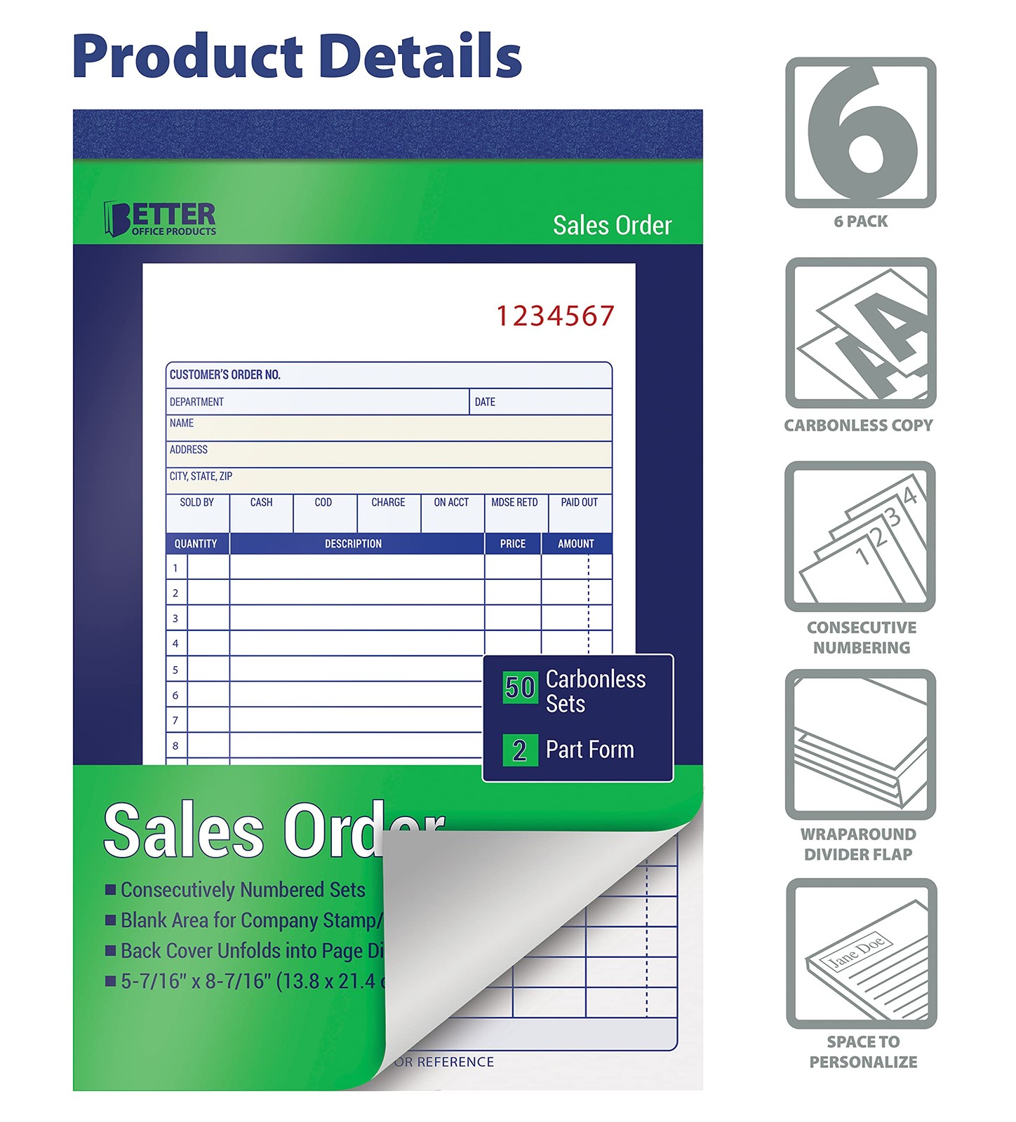 Better Office Products Sales Order Book, 6 Pack Book 2 Part Green