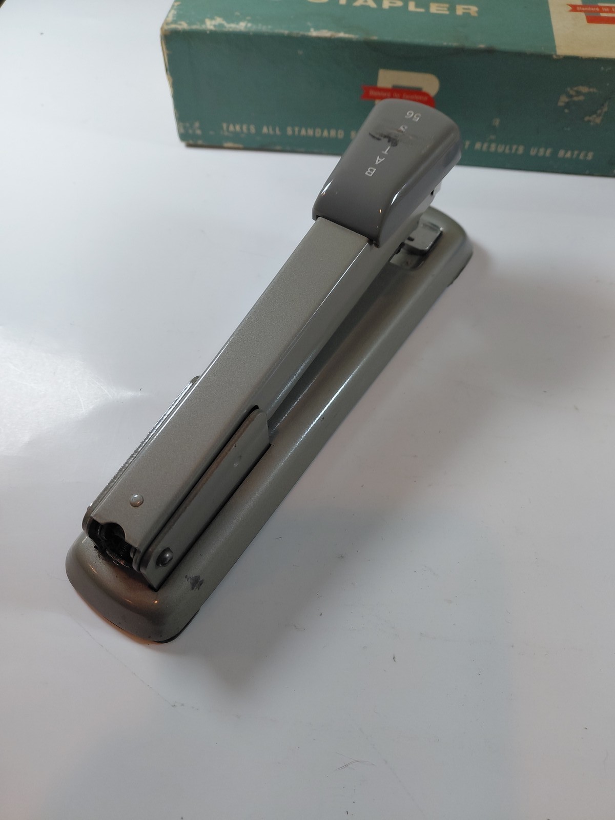 Vintage Bates 56 Desk Stapler Grey with Original Box & Swingline Staples USA
