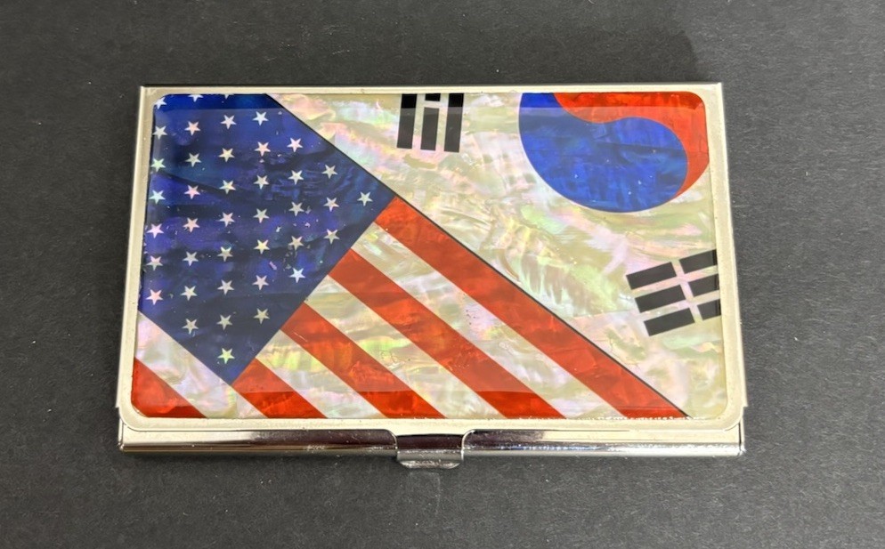 United States South Korea Flag Mother of Pearl Pocket Business Card ID Holder