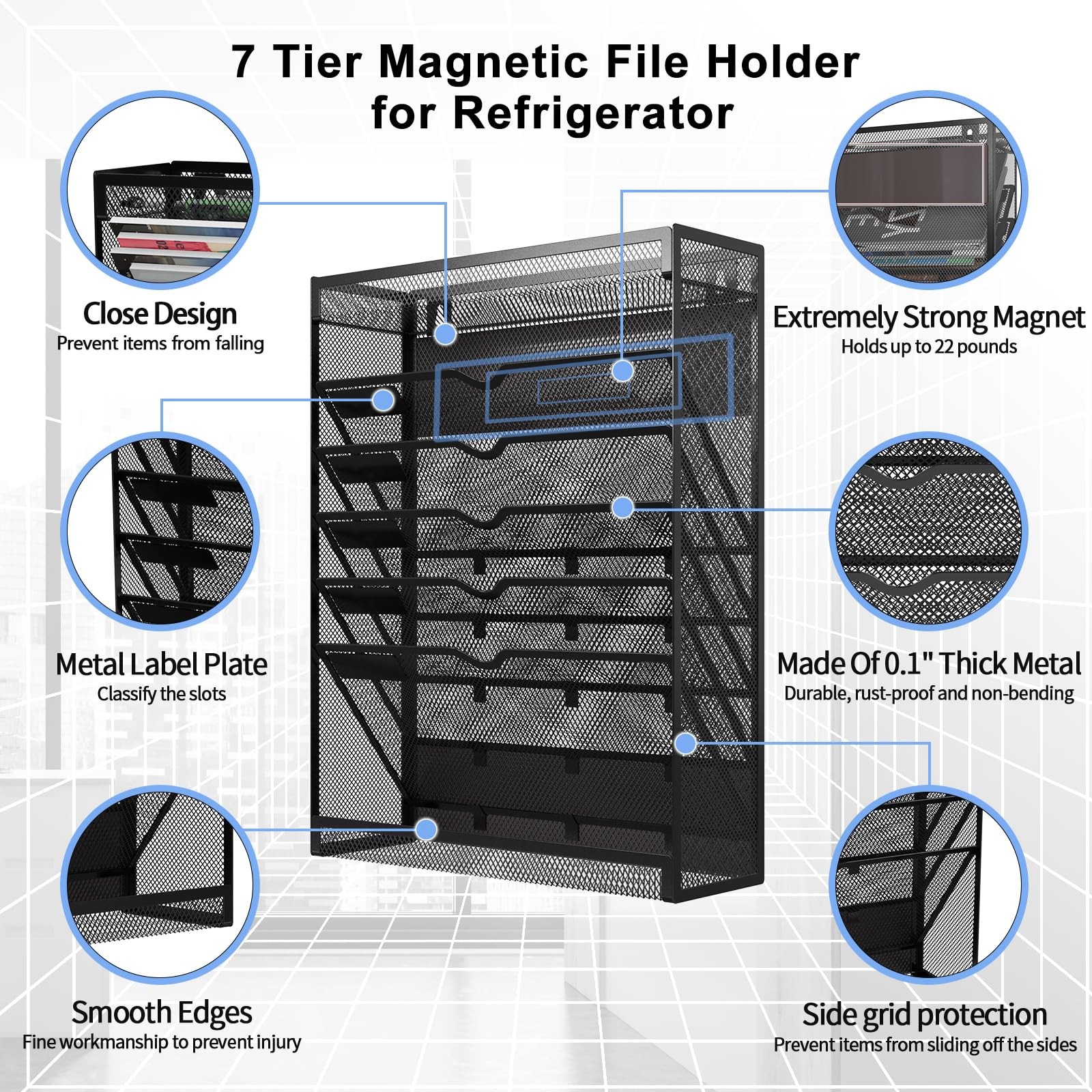 LQPAFZ 7-Tier Magnetic File Holder, No Drilling Wall Organizer, Black