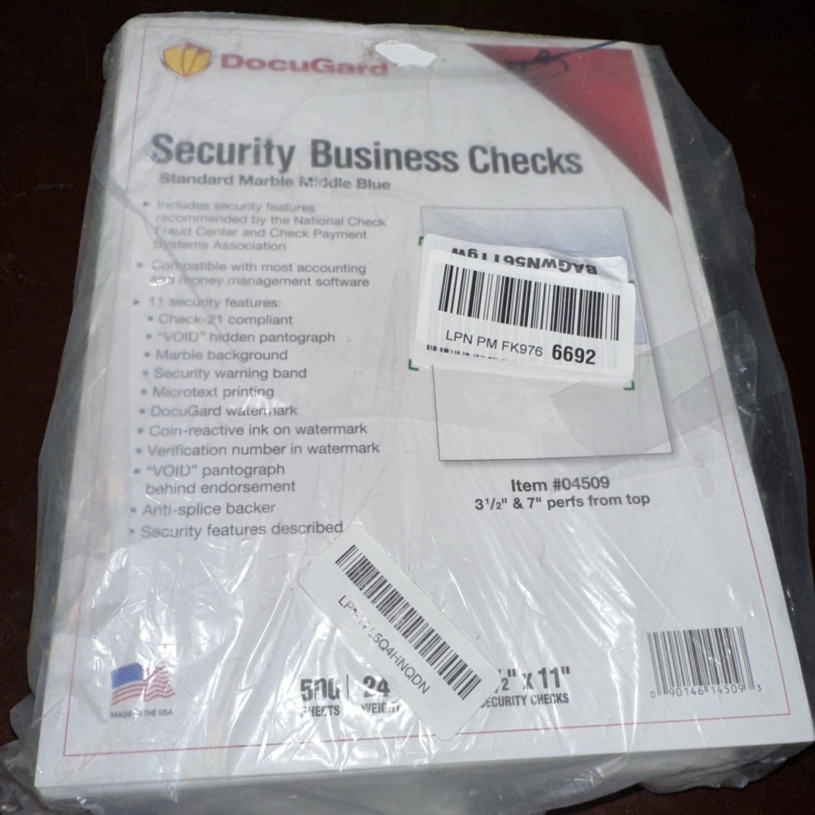 DocuGard Blue Marble Top Check, 8.5 x 11 Inches, 24 lb, 500 Sheets, 1 Check Per
