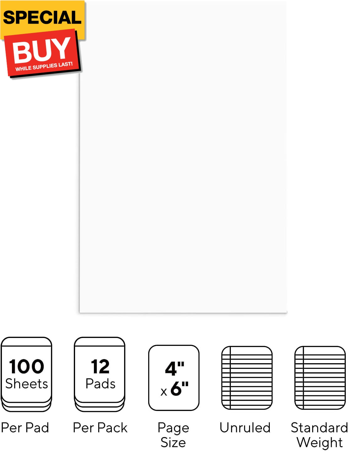 163444 Notepads 4-Inch X 6-Inch Unruled White 100 Sh./Pad 12 Pads/Pk