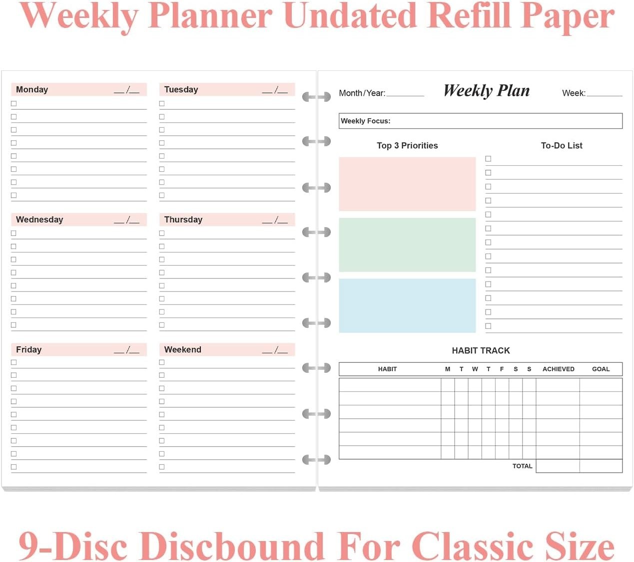 9 Disc Undated Refills – Classic Size 53 Sheets/106 Pages Colorful for Happy …