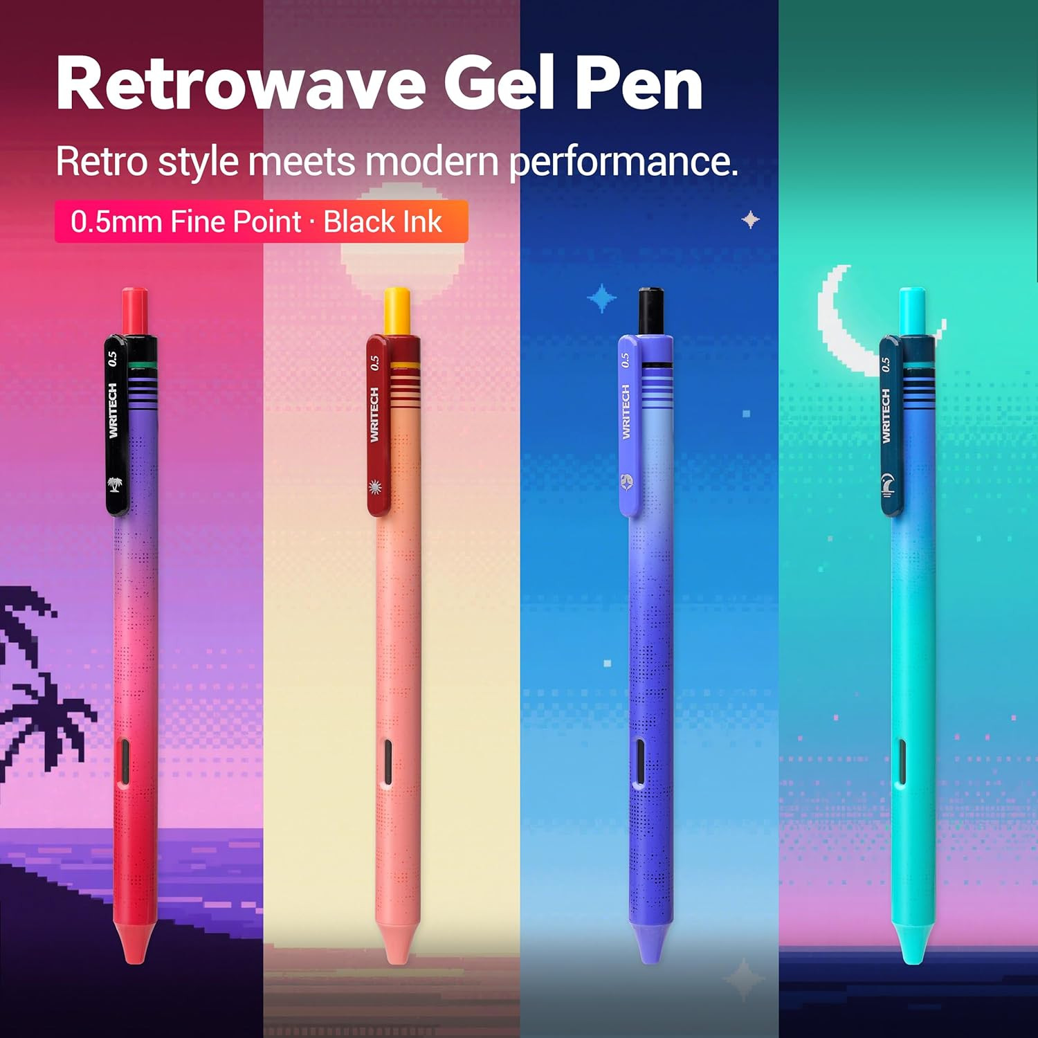 WRITECH Black Ink Gel Pens: 8-Pack Retrowave 0.5mm Fine Point Pens – Smooth Writ