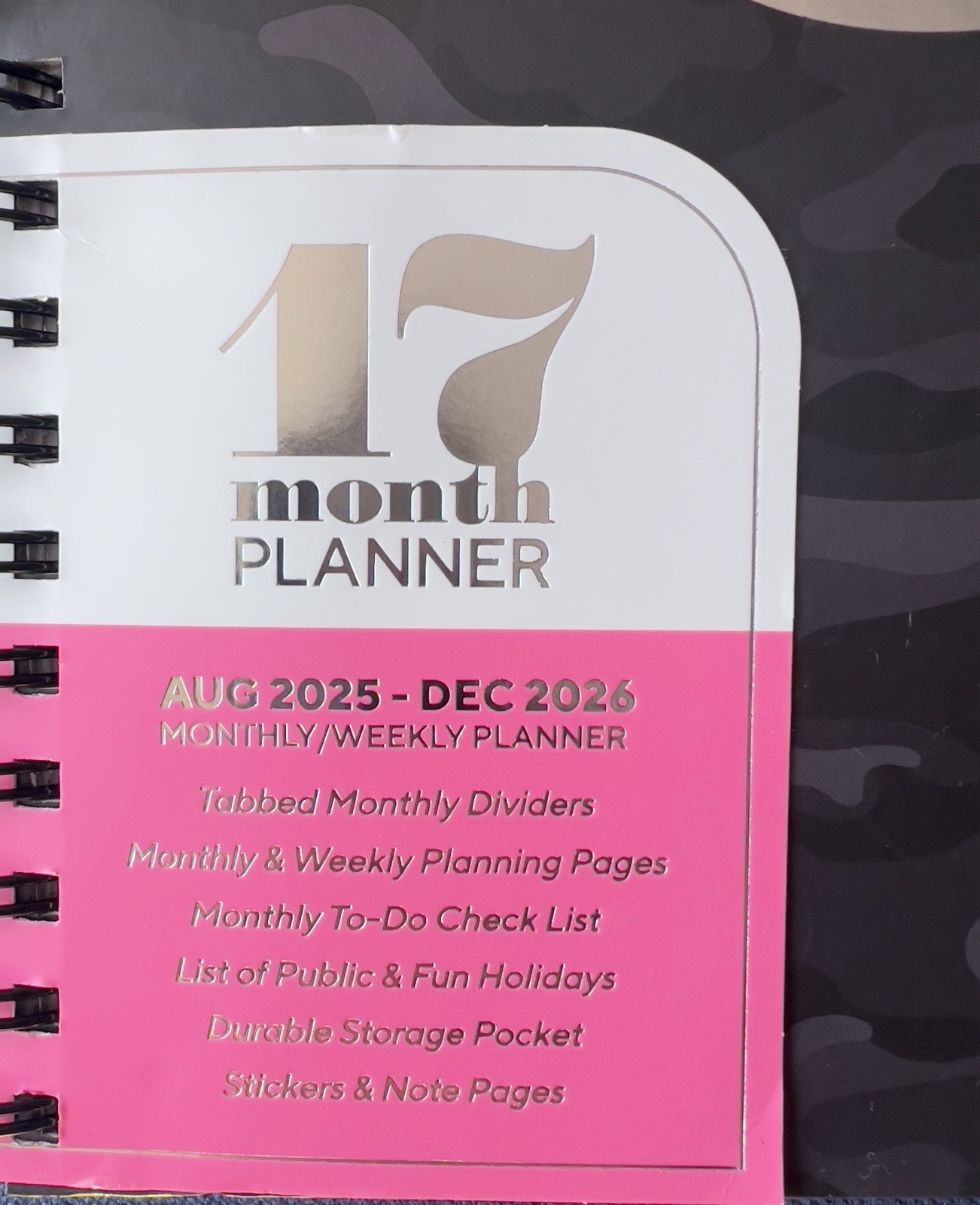 17 Month Planner Black CAMO Aug 2025 -Dec 2026 Weekly Planning Note Page Gift