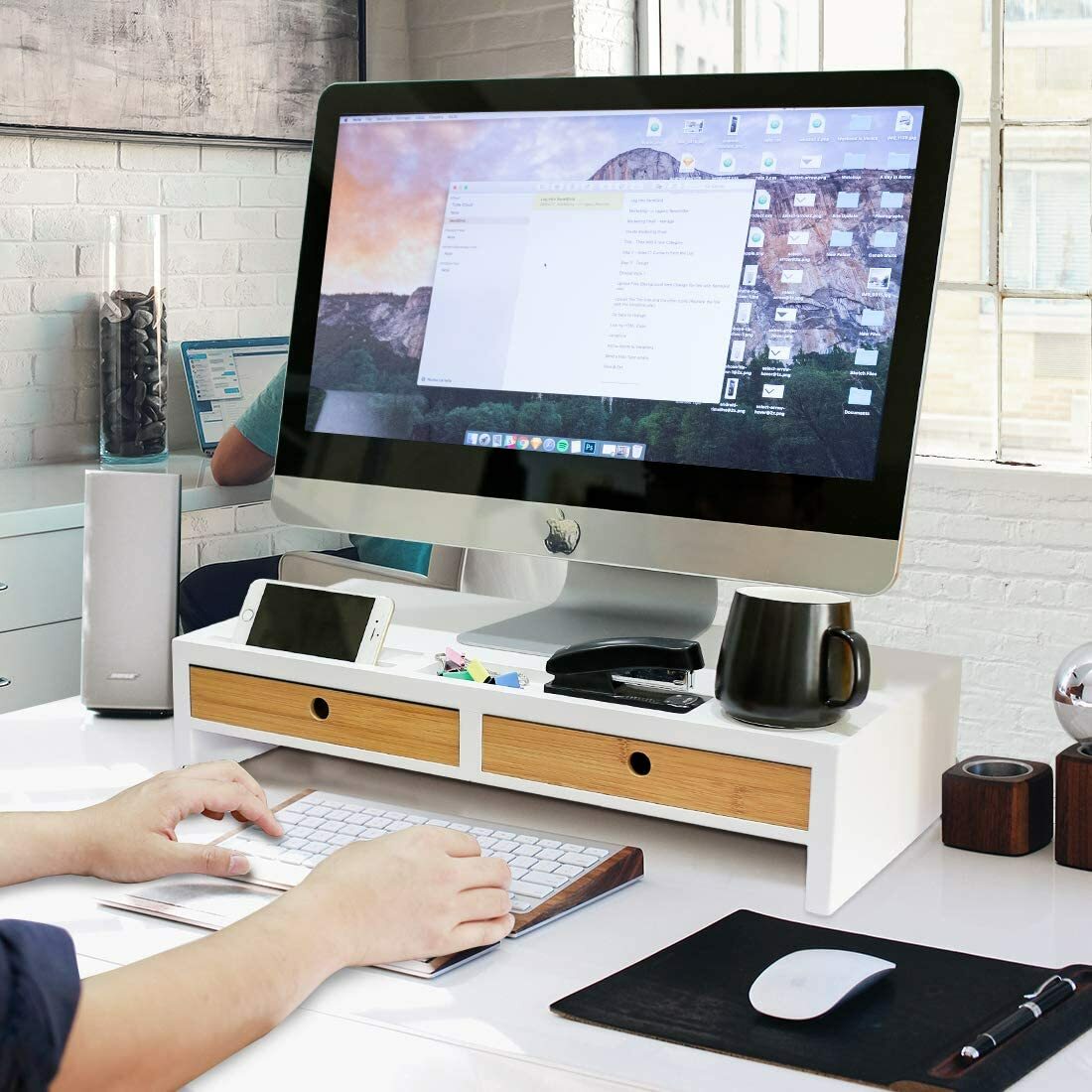 Computer Monitor Stand with Drawers – White Wood Laptop Screen Printer TV Riser