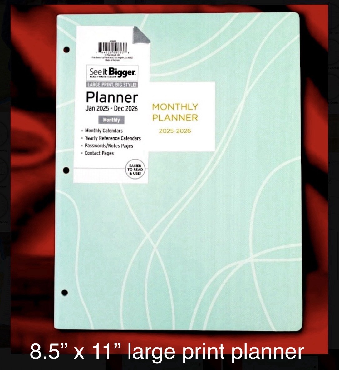Planner 2025/2026 Large print monthly w notes/contacts FREE JUST PAY SHIPPING
