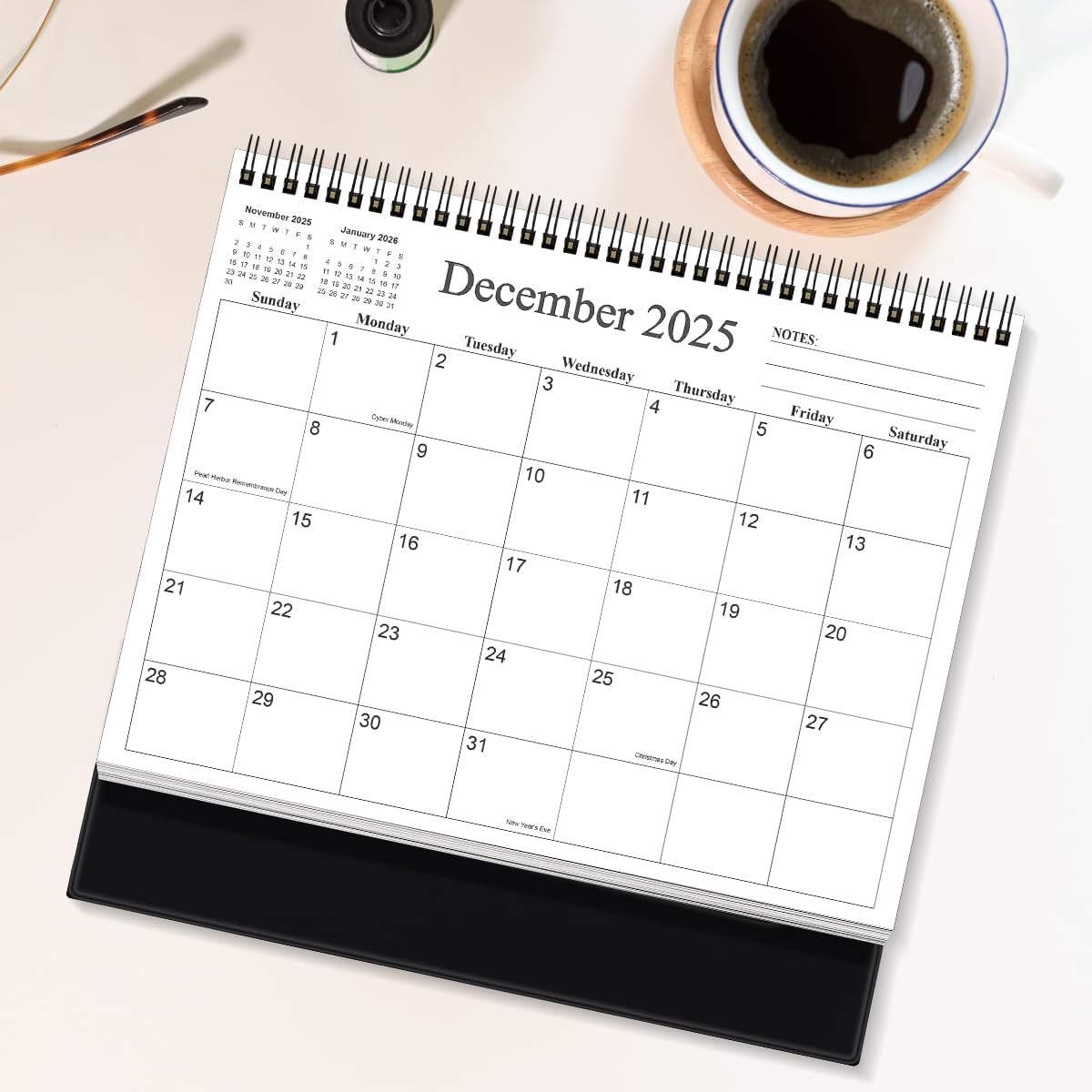 Desk Calendar 2026 – Runs January 2026 until June 2027 – 6″ x 8″, Black