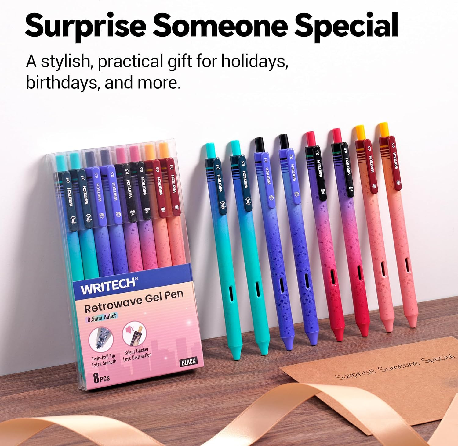WRITECH Black Ink Gel Pens: 8-Pack Retrowave 0.5mm Fine Point Pens – Smooth Writ