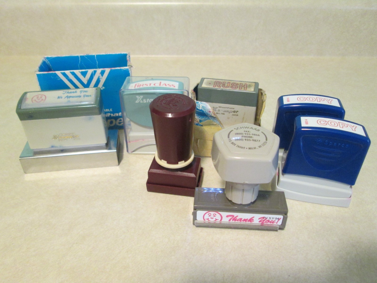 Lot of 7 Vintage Self Inking Office Rubber Stamps First Class Thank You Rush