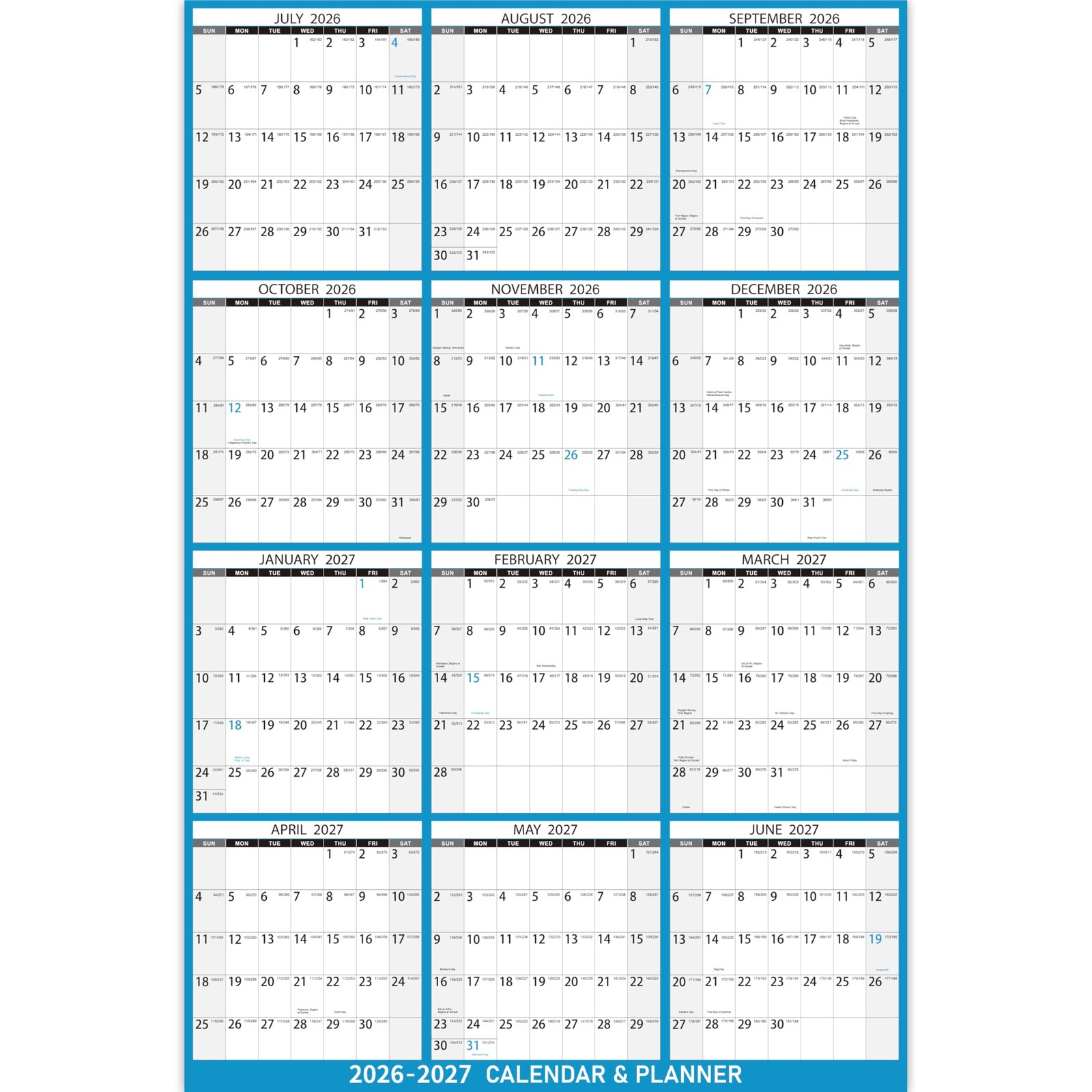 2026-2027 Yearly Wall Calendar – Large Dry Erase for 23″ x 35″, Blue