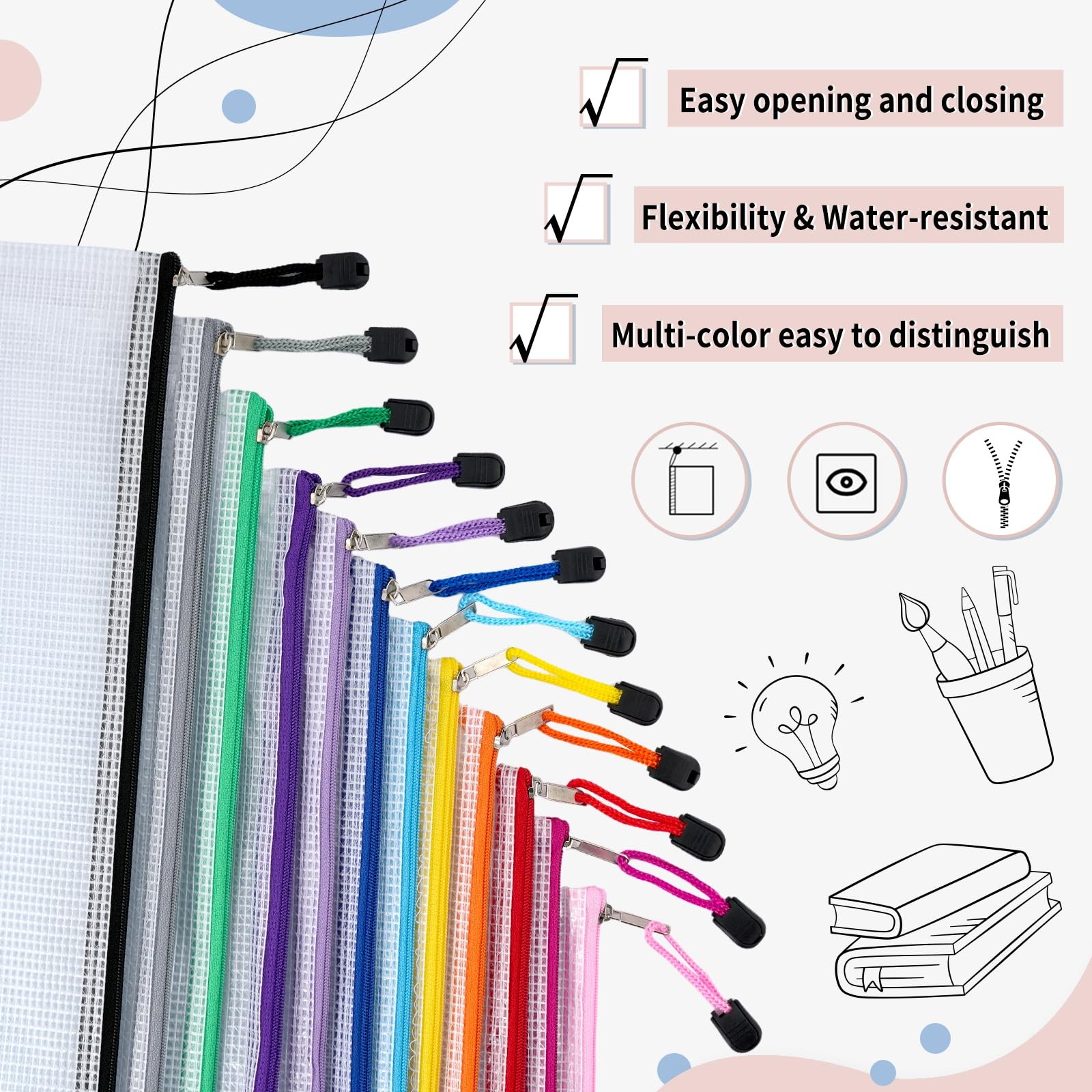 EOOUT 72pcs Mesh Zipper Pouch, A4 Size, 12 Colors Bags for Colorful