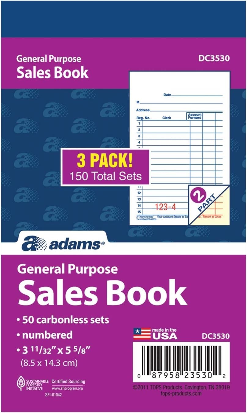 General Purpose Sales Book, 2-Part, Carbonless, White/Canary, 3-11/32 x 5-5/8…