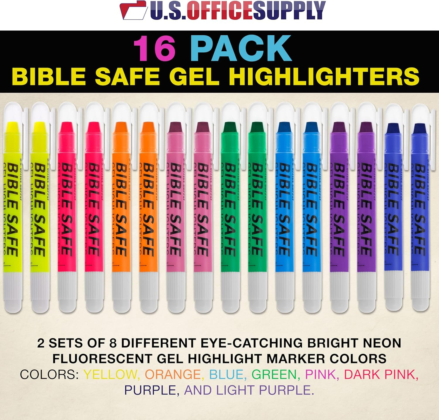 U.S. Office Supply Bible Safe Highlighter Set of 16, 2 Sets of 8 Bright Flourese