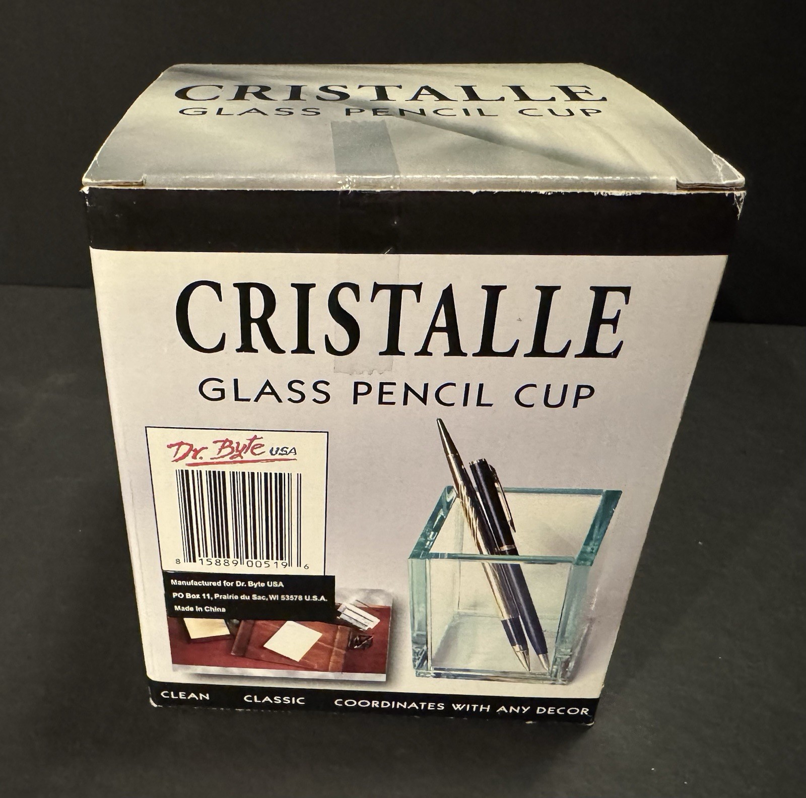 CRISTALLE Glass Pencil Cup ~Pens or Pencils Square Clear Holder~ New in Box